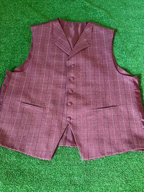 John Raphael Burgundy Plaid Suit Vest 48L Single Breasted Classic Lapel Waistcoa